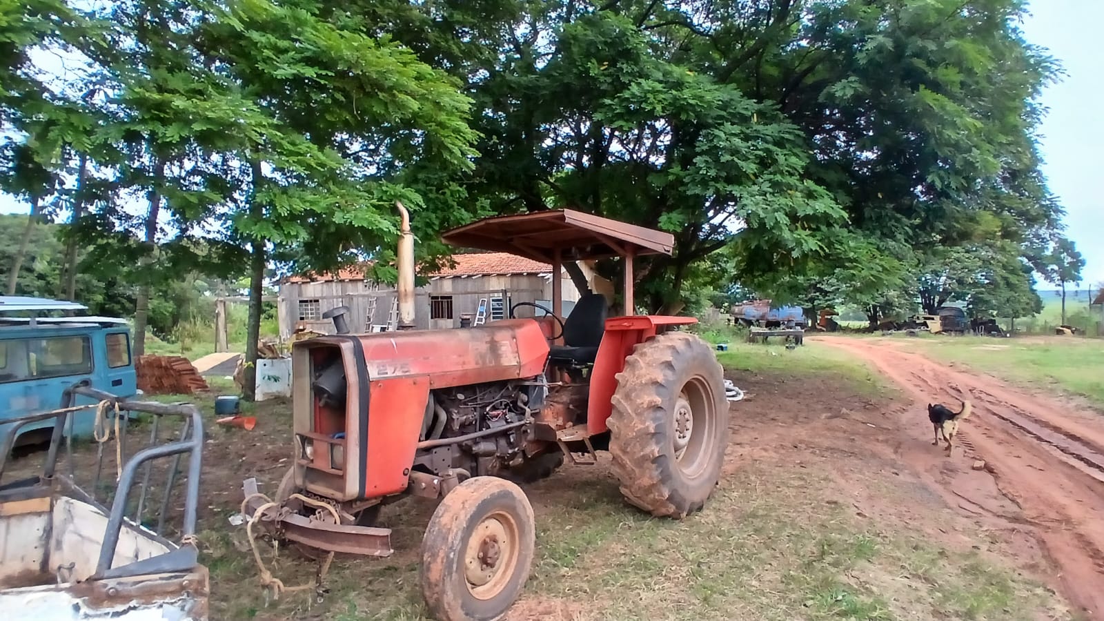Trator em propriedade rural com &aacute;rvores ao redor